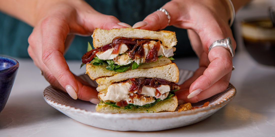 Vegan Brie, Rocket Pesto & Balsamic Onion Toastie