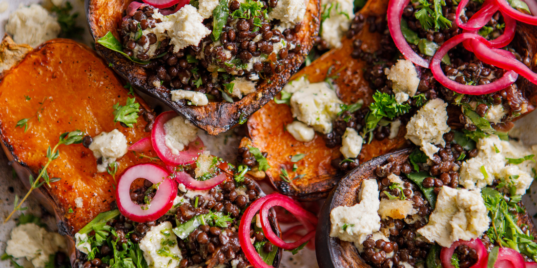 Garlic & Herb cheese with Butternut Squash & Lentils