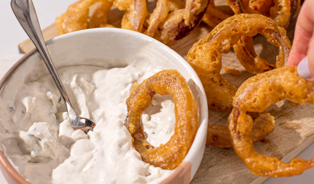 Beer Batter Onion Rings & Blue Dip