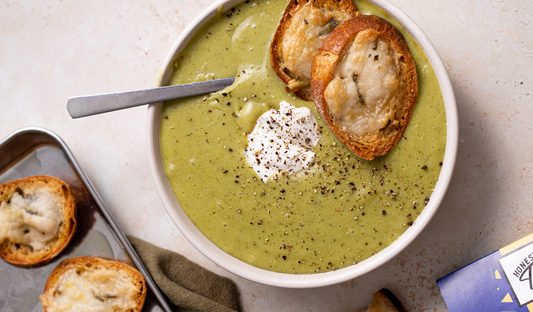 Mob Kitchen Broc and Blue Soup with Blue Cheese Croutons